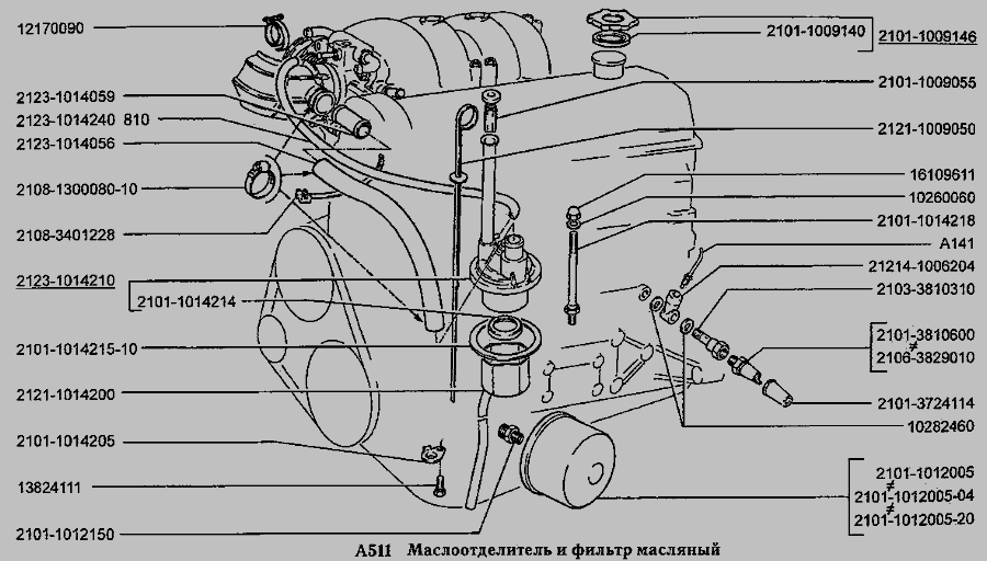 Схема Олія та фільтр масляний (варіант виконання: Е) » Двигун для ВАЗ-2131