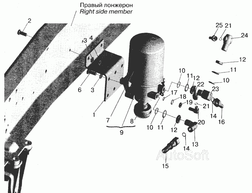 Схема Установка осушувача повітря та приєднувальної арматури МАЗ-555102 » Управління рульове для МАЗ-5432