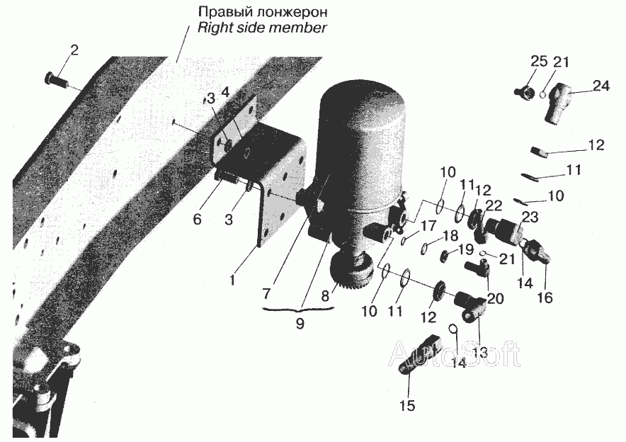 Схема Установка осушувача повітря та приєднувальної арматури МАЗ-555102 » Управління рульове для МАЗ-5516
