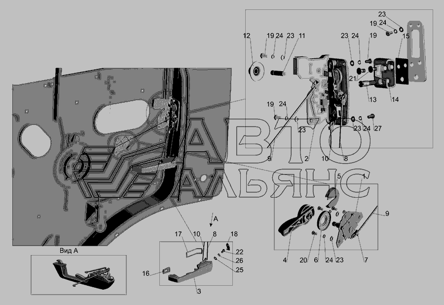 Схема Встановлення зовнішньої ручки та замка дверей (входить до 64221-6100010-10, 64221-6100011-10) » Приладдя для МАЗ-551669