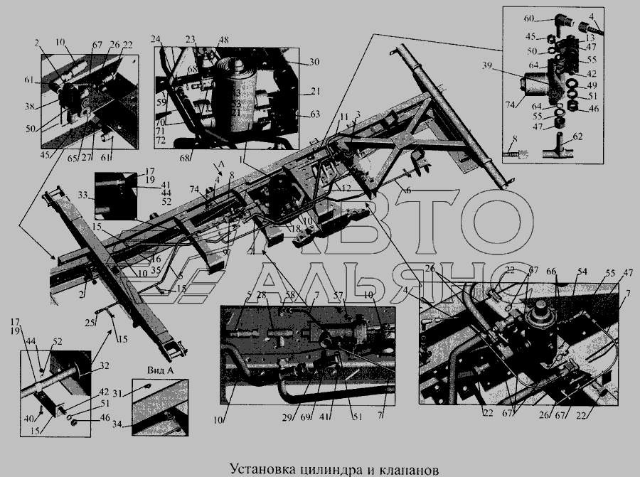 Схема Установка цилиндра и клапана 551605-8603500-025 (-725) » Кабина для МАЗ-5516А5
