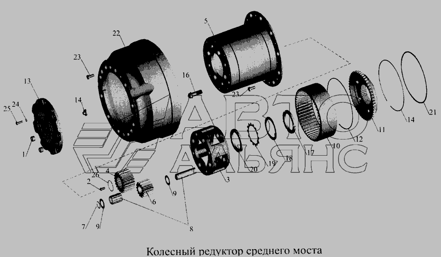 Схема Колісний редуктор середнього мосту » Зчеплення для МАЗ-5516А5
