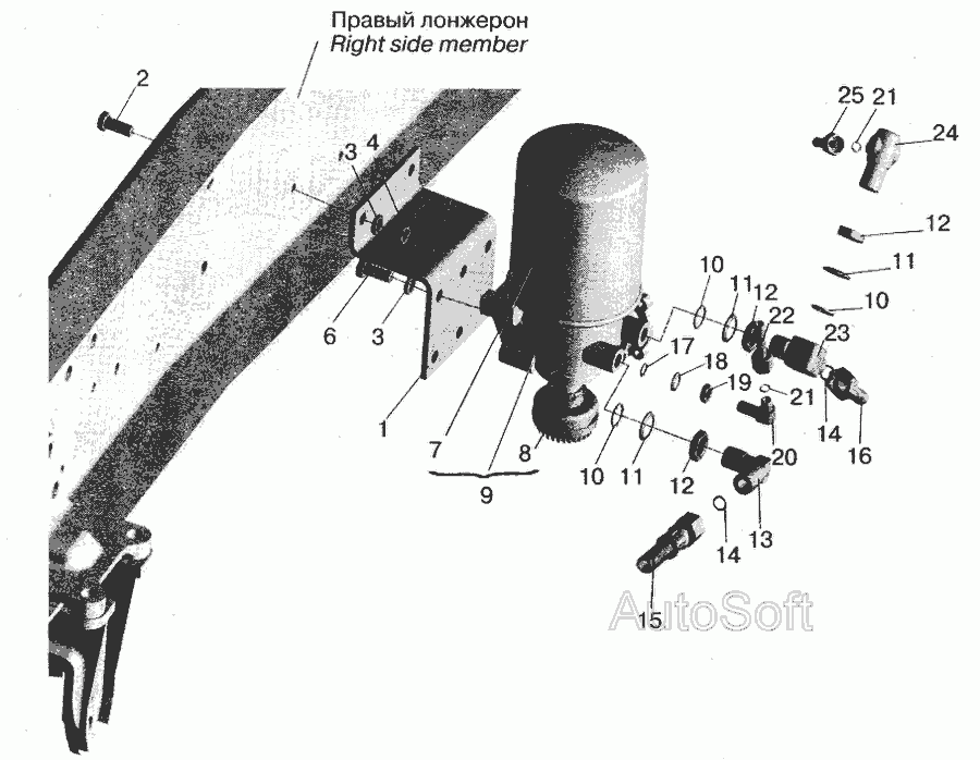Схема Установка осушувача повітря та приєднувальної арматури МАЗ-555102 » Рульове управління для МАЗ-5551