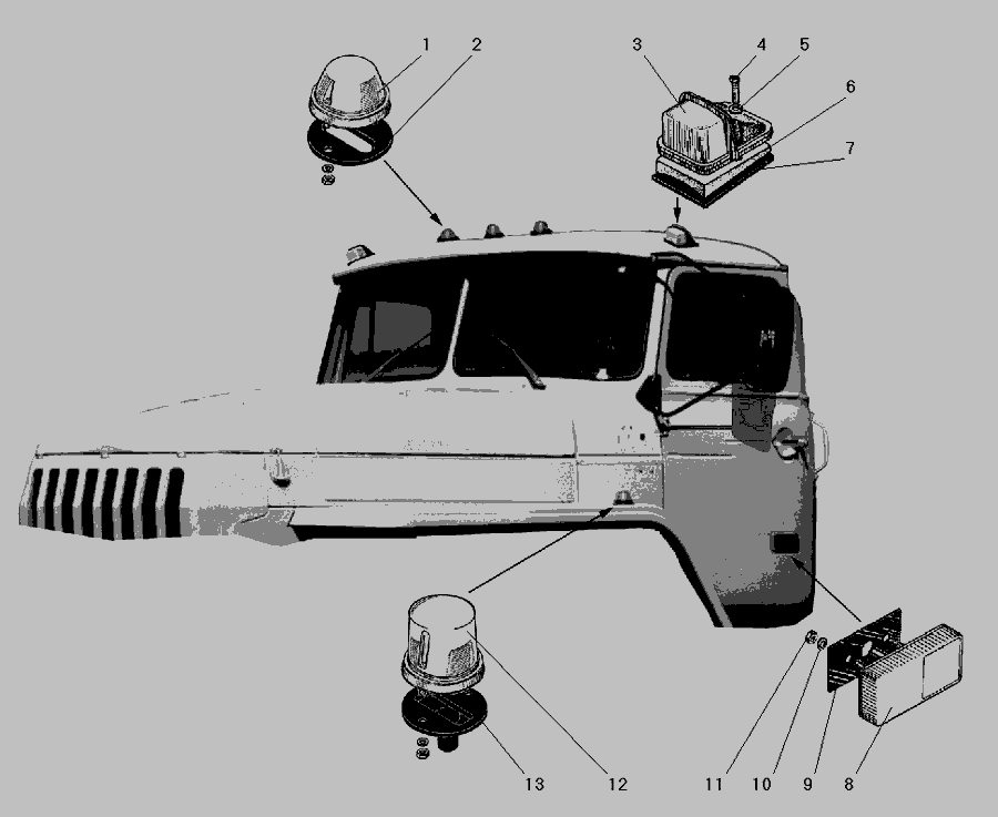Схема Установка ліхтаря знака автопоїзда, габаритного та бічного повторювача » Електроустаткування для УРАЛ-5557-40