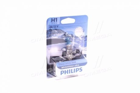 Лампа накаливания H1 WhiteVision ultra 12V 55W P14,5s (+60) (3700K) blister Philips 12258WVUB1