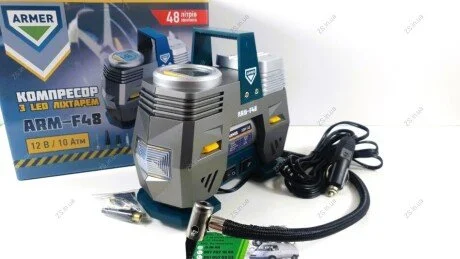 Компресор, 12V, 10Атм, 48л/хв, LED ліхтар, ел. автостоп, прикурювач <> ARMER ARM-F48