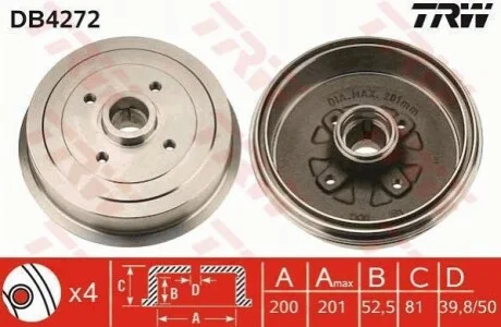 Барабан тормозной DAEWOO LANOS +HUB задн.) TRW DB4272