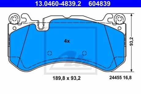 Комплект гальмівних колодок з 4 шт. дисків ATE 13.0460-4839.2 (фото 1)